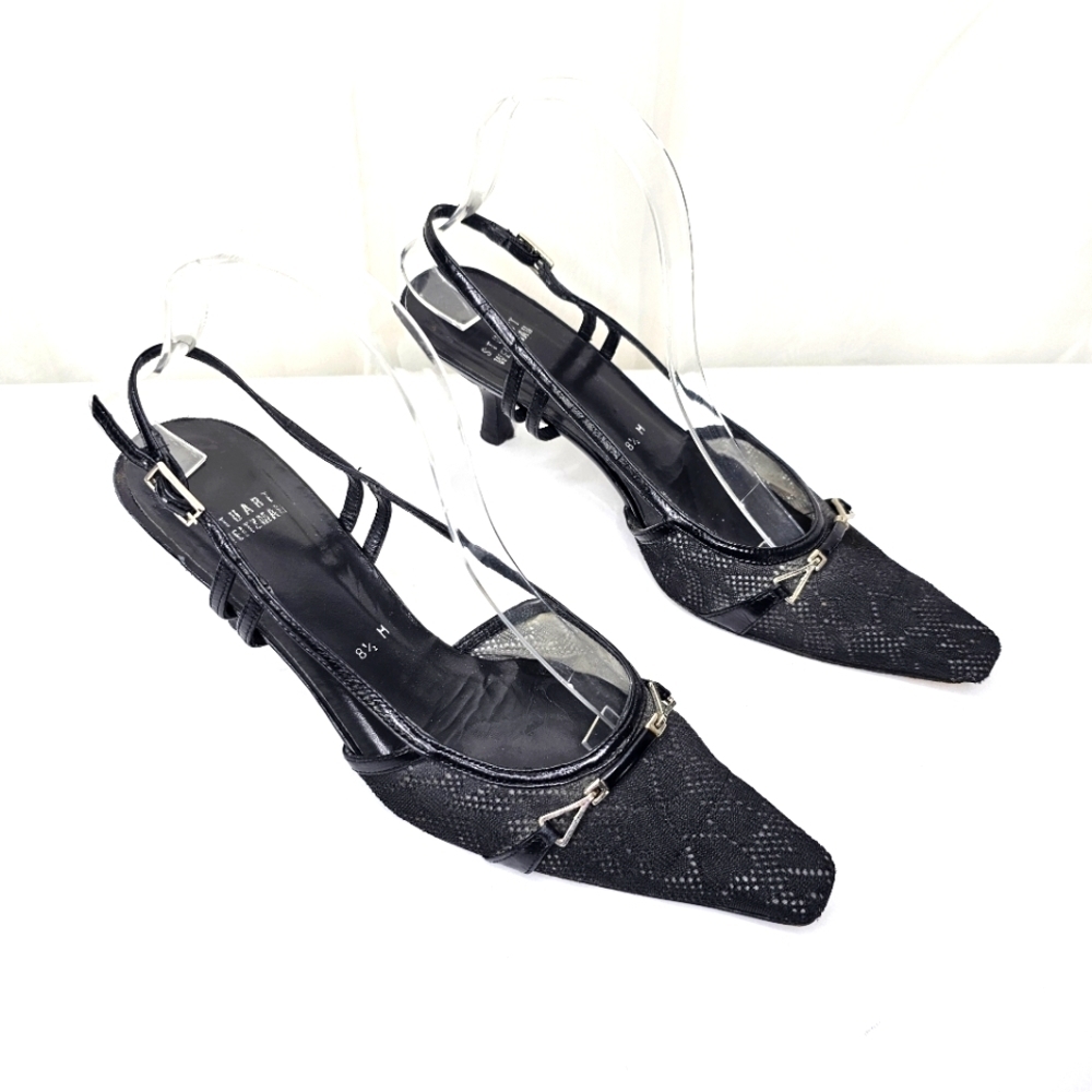 Stuart Weitzman Hampton Black Deco Mesh Fabric Sling Back Square Toe Heels 8.5
